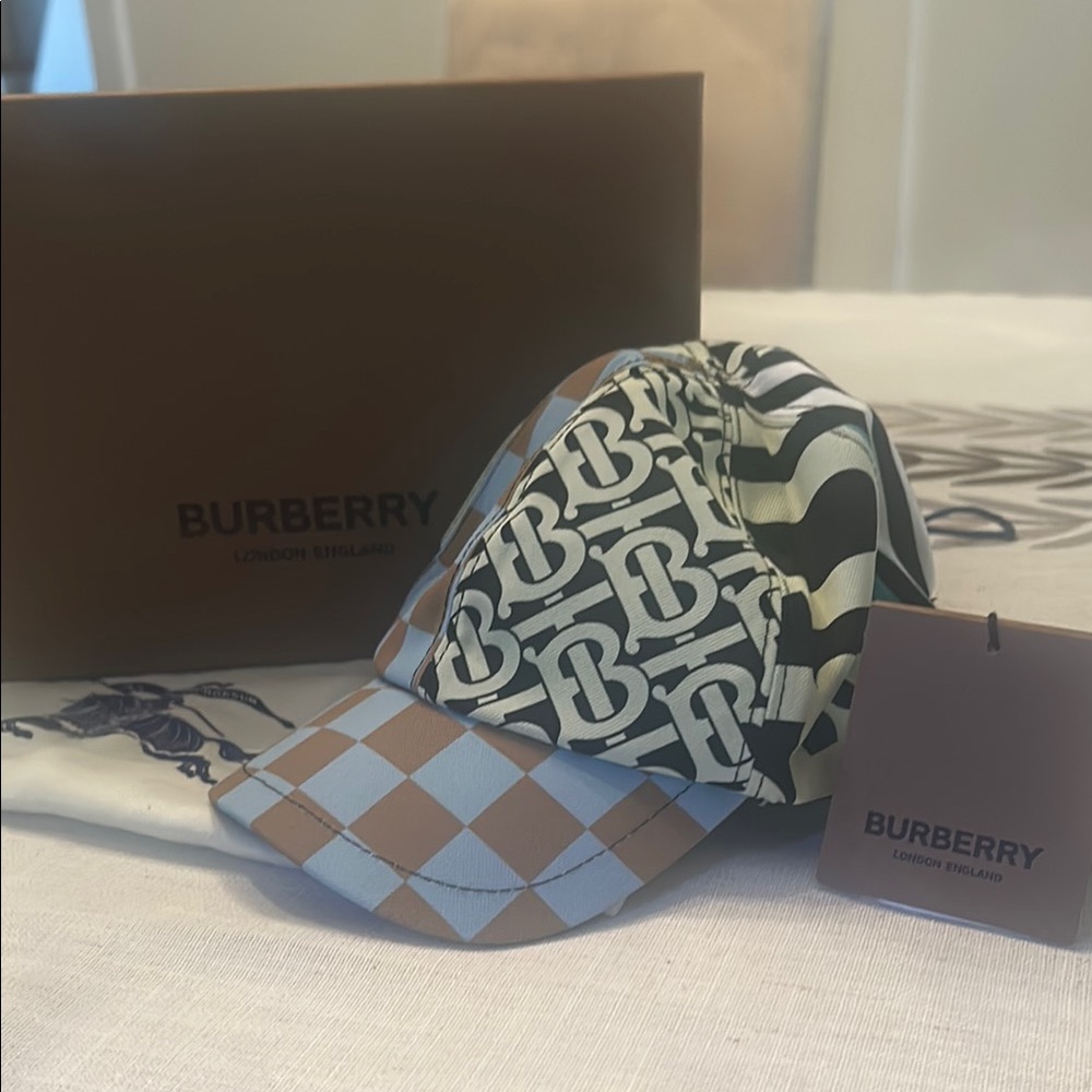 Burberry Brown and Blue Baseball Cap with Checkered Pattern